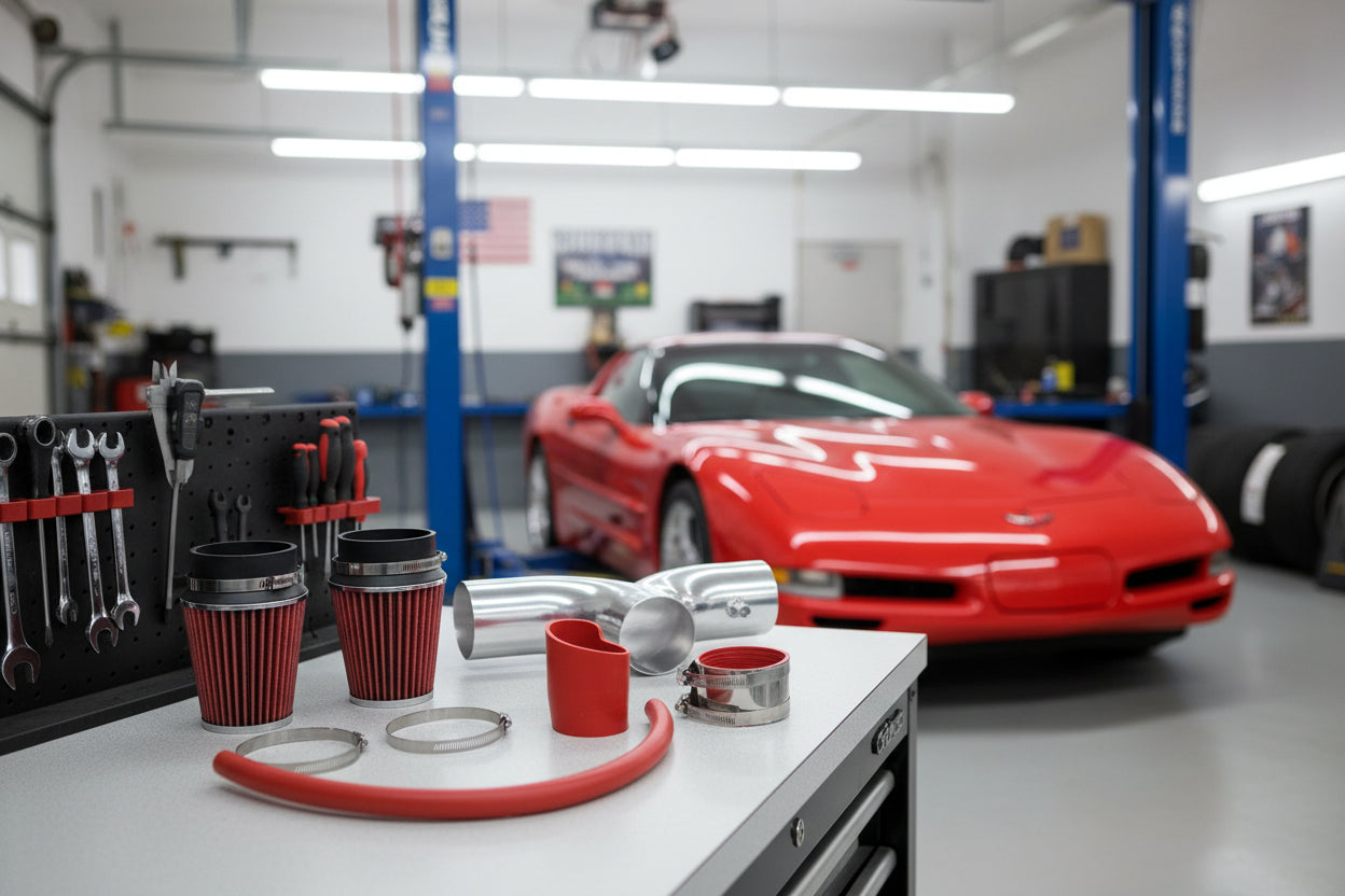 Car air intake system components including red filters, hose, and clamps on a white background