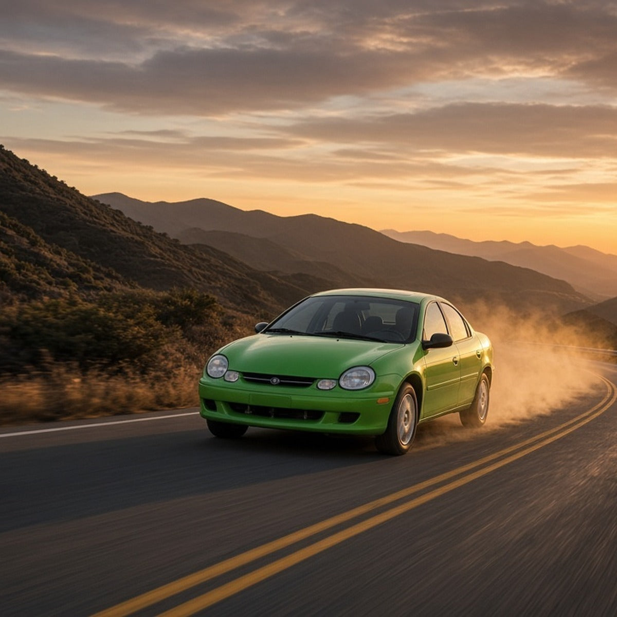 Green Neon sedan driving fast on a mountain road at sunset