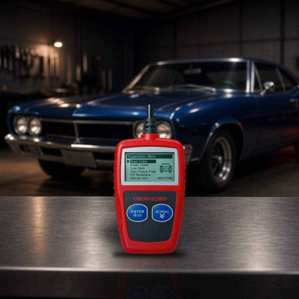 Universal OBD2 Code Reader Scanner on a garage workbench