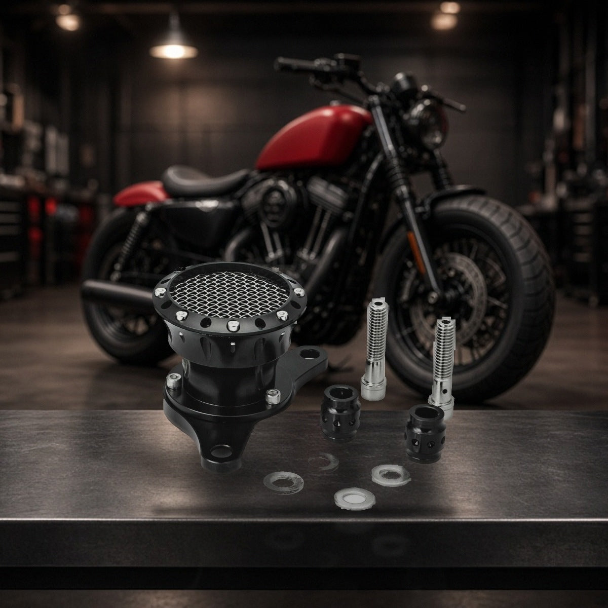 Velocity Stack Air Cleaner Intake Filter for Harley Sportster Black on a garage workbench