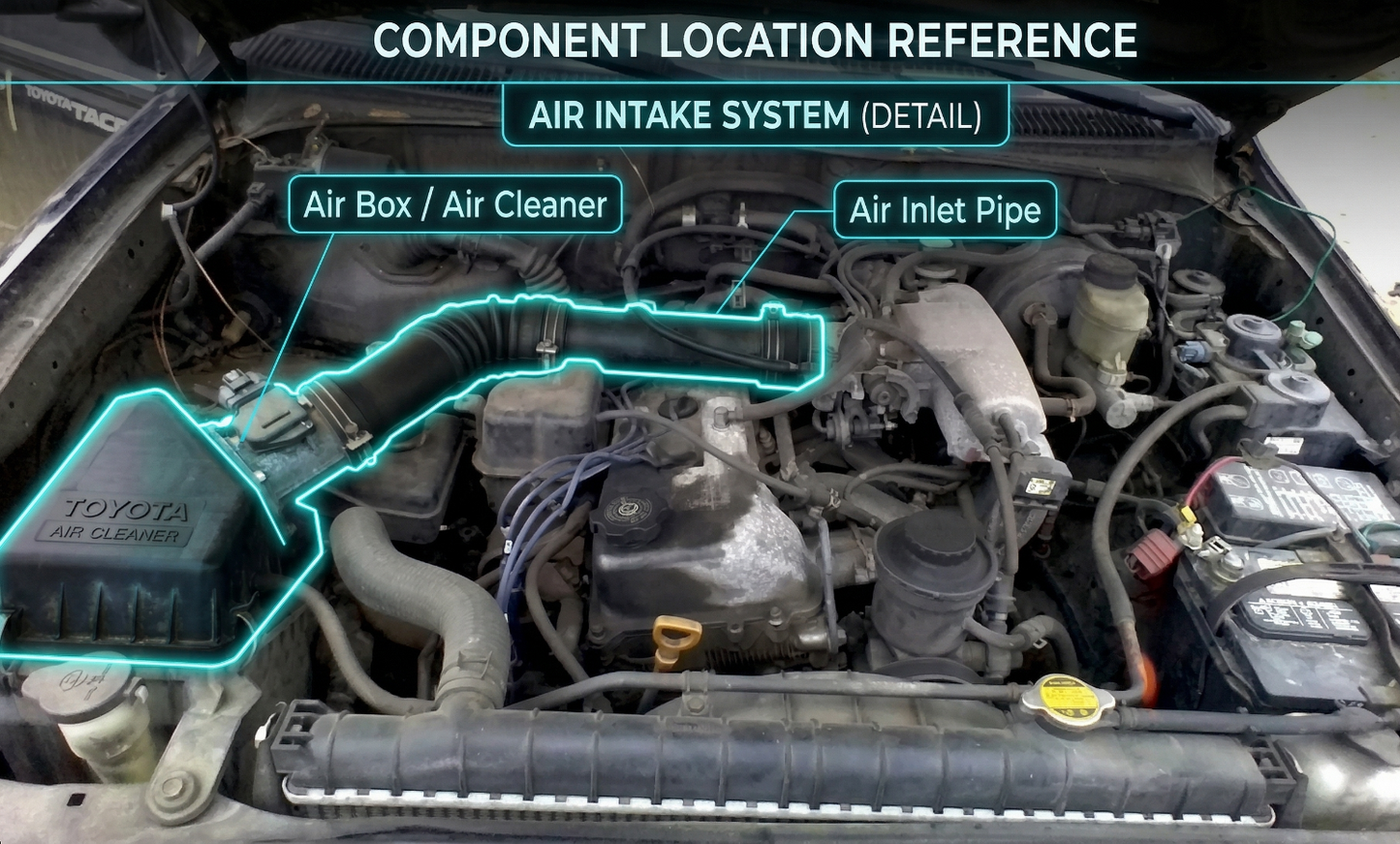 Car engine with labeled air intake system components