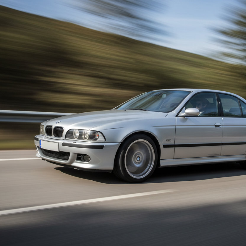 A BMW E39 driving fast showing speed