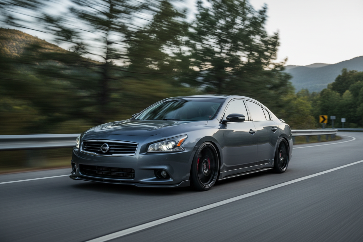 A modified lowered Nissan Maxima (2009-2017) driving fast