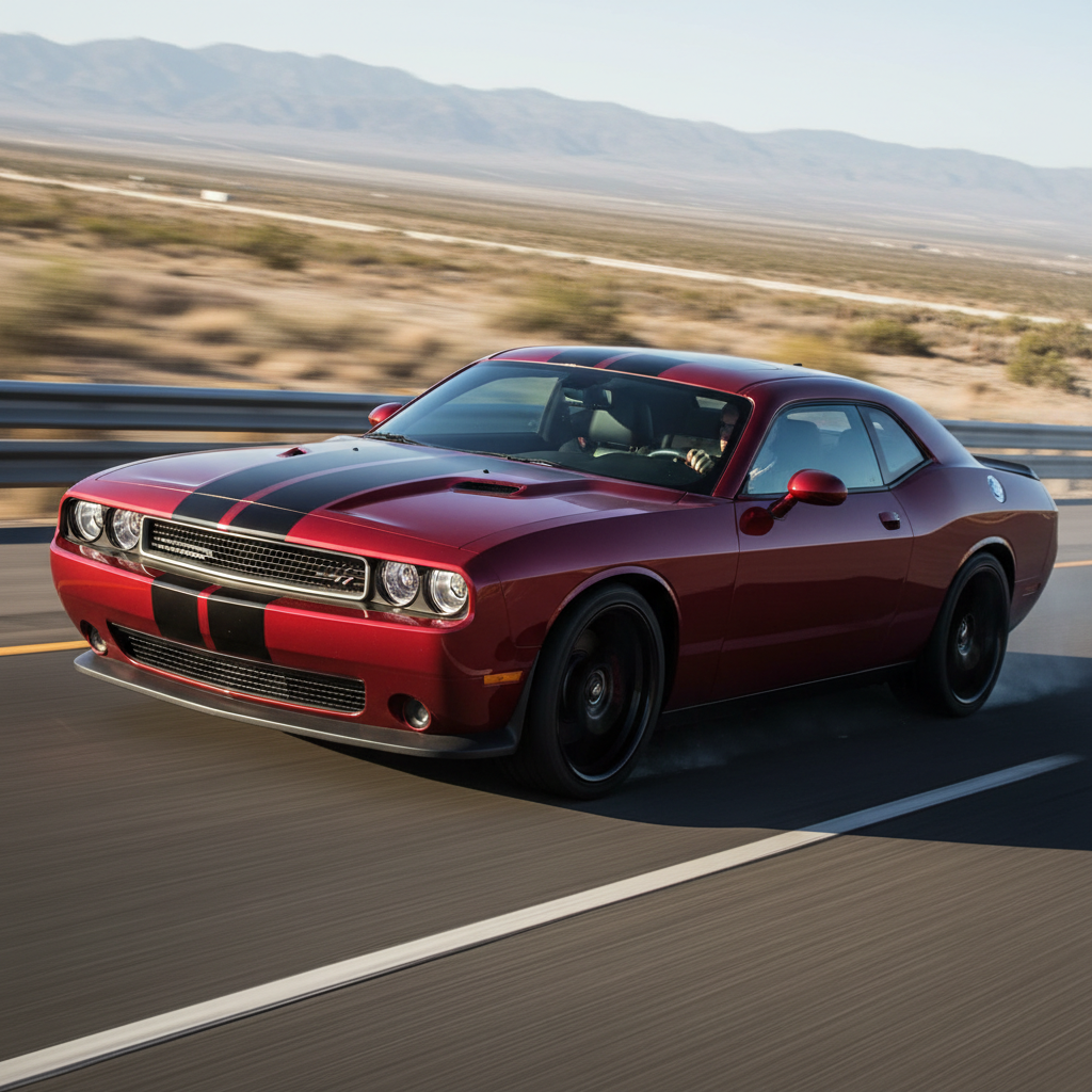 A square 1:1 image of a Dodge Challenger (2008-2010) driving fast and showing speed