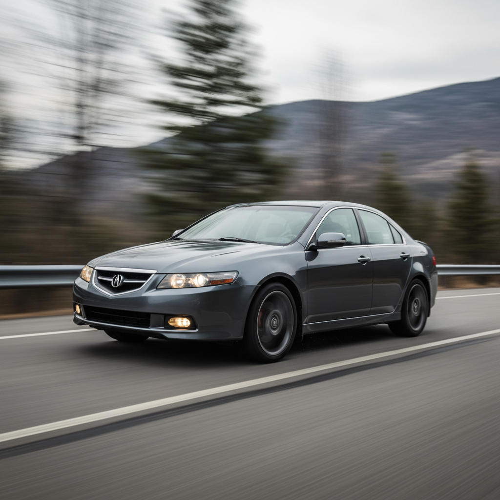 A square image of a Acura TSX 2005 driving fast showing speed