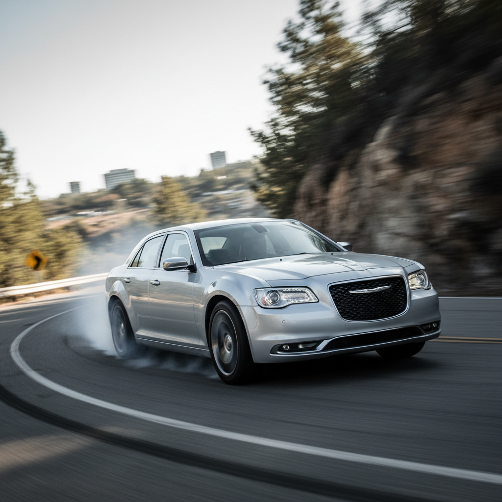 A square image of a Chrysler 300 2015 driving fast around a corner showing speed