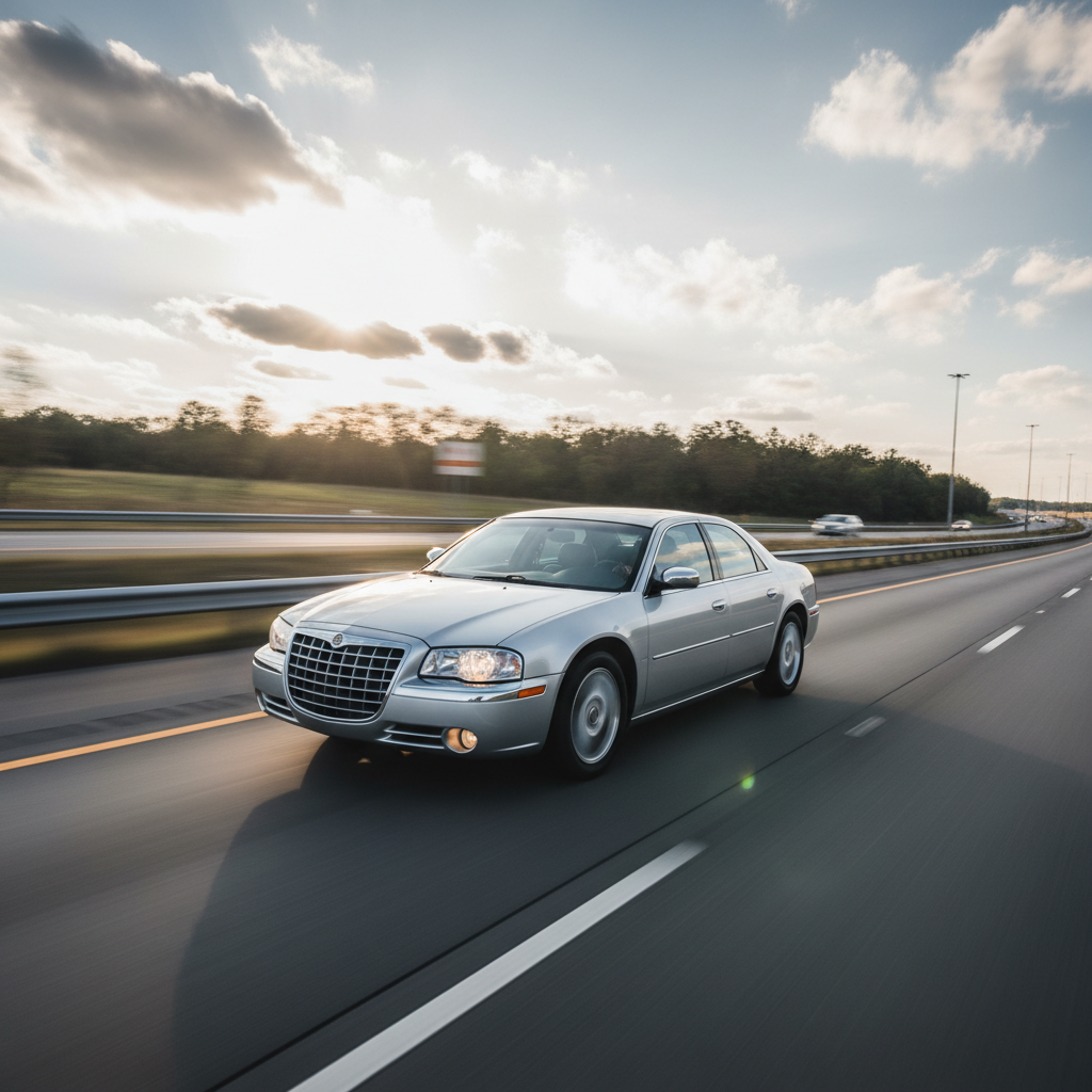 A square image of a Chrysler LHS (1999-2004) driving fast showing speed