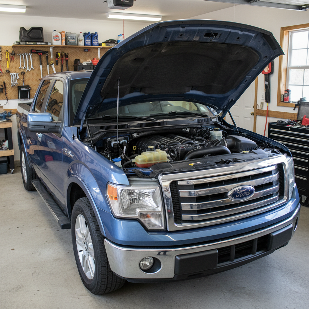 A square image of a F150 2012 Parked in a garage with the hood open