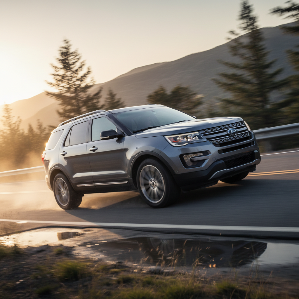 A square image of a Ford Explorer (2013-2018) driving fast showing speed