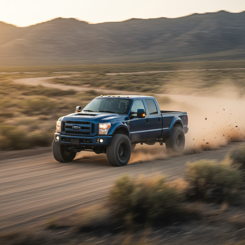 A square image of a Ford F550 Super driving fast showing speed