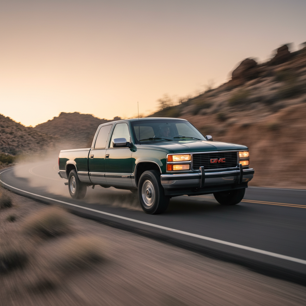 A square image of a GMC C/K 2500 1996 driving fast showing speed