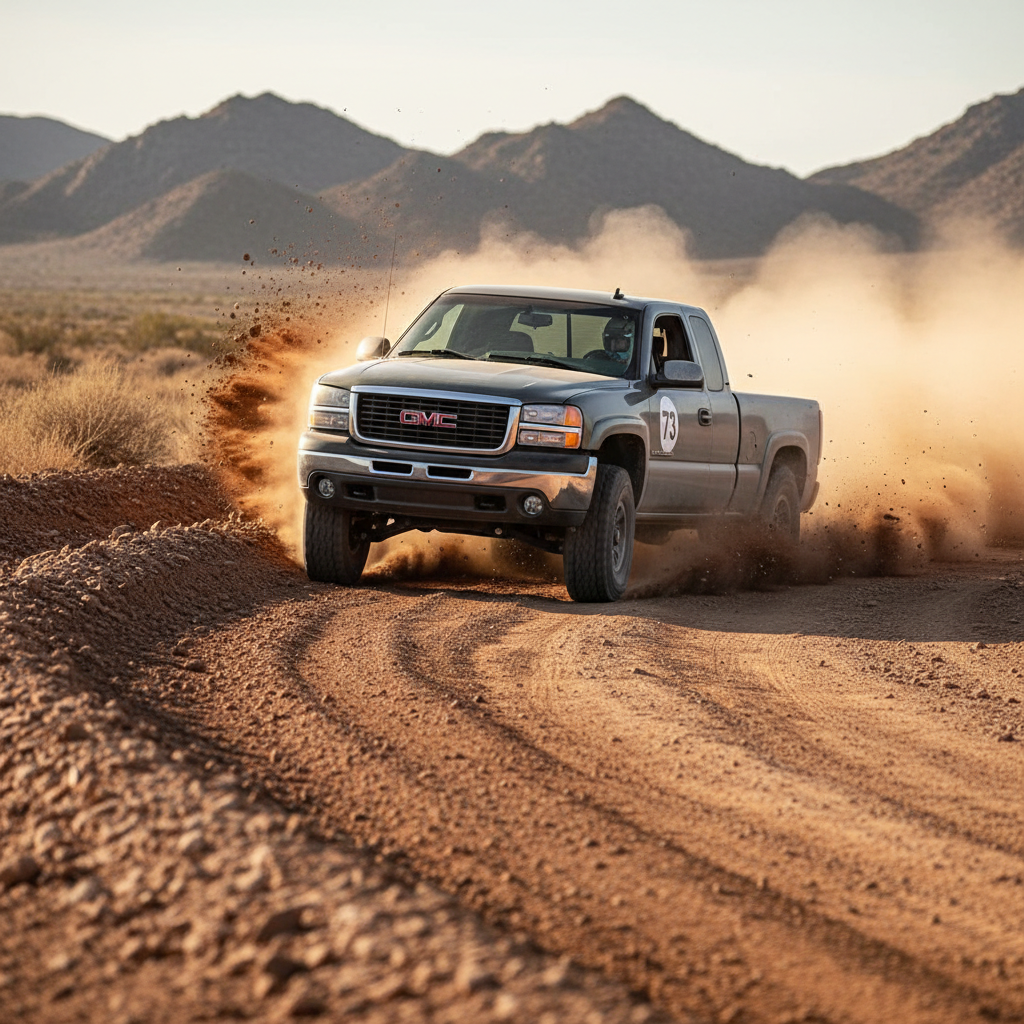 A square image of a GMC Sierra 1500/2500 (1999-2006) driving fast off road showing speed