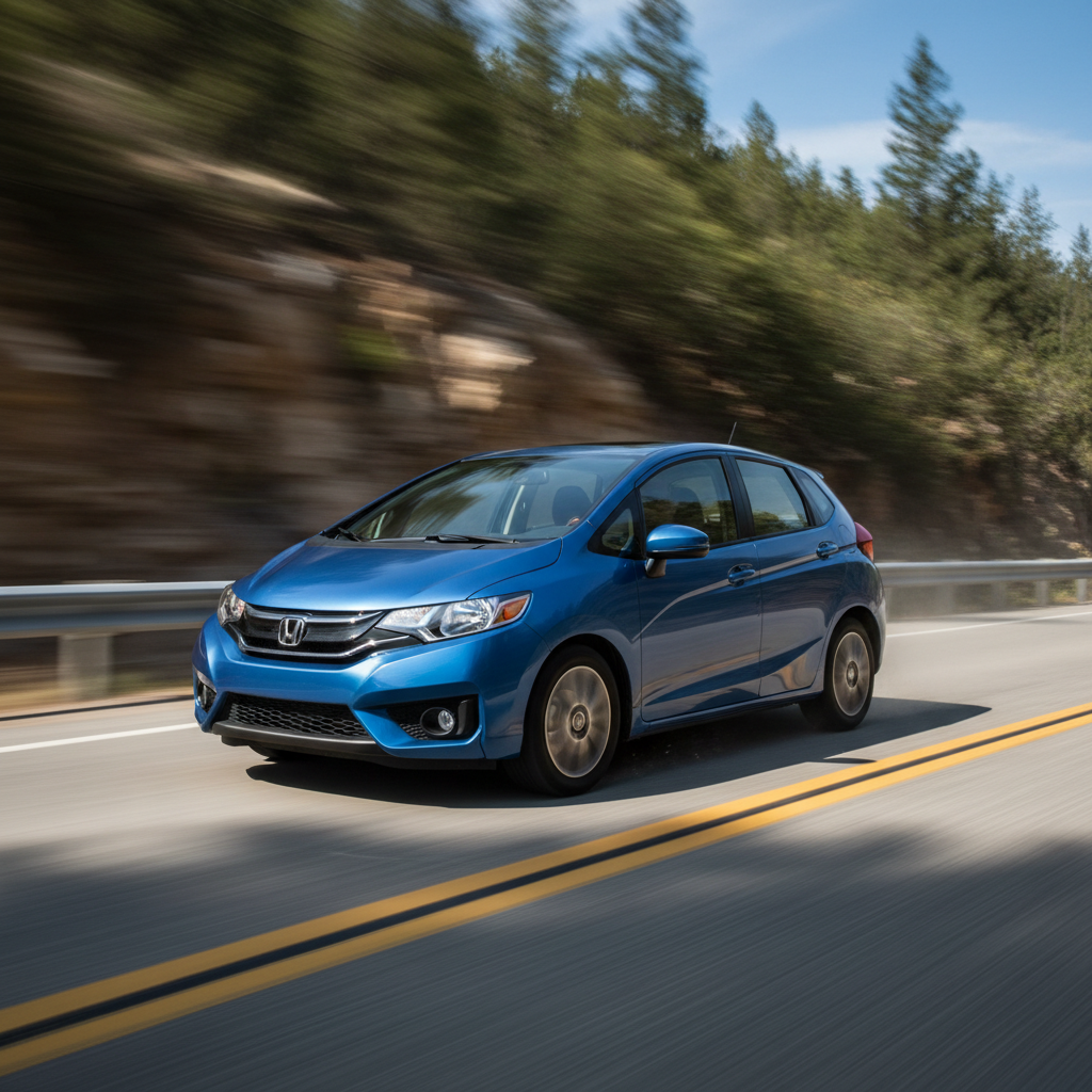 A square image of a Honda Fit 2015 driving fast showing speed