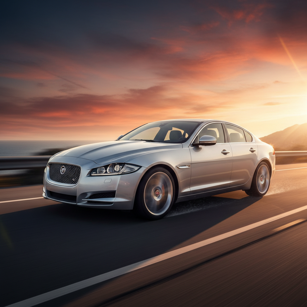 A square image of a Jaguar XF (2013-2015) driving fast showing speed