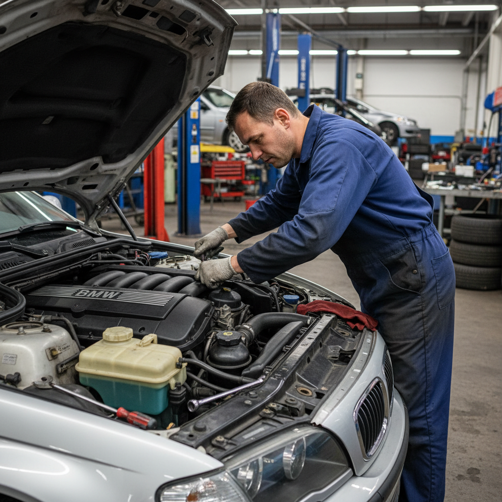 A square image of a man working on the engine of a BMW 325i 2000