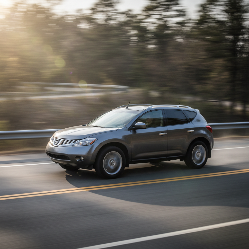 Gray SUV driving on a road with trees in the background