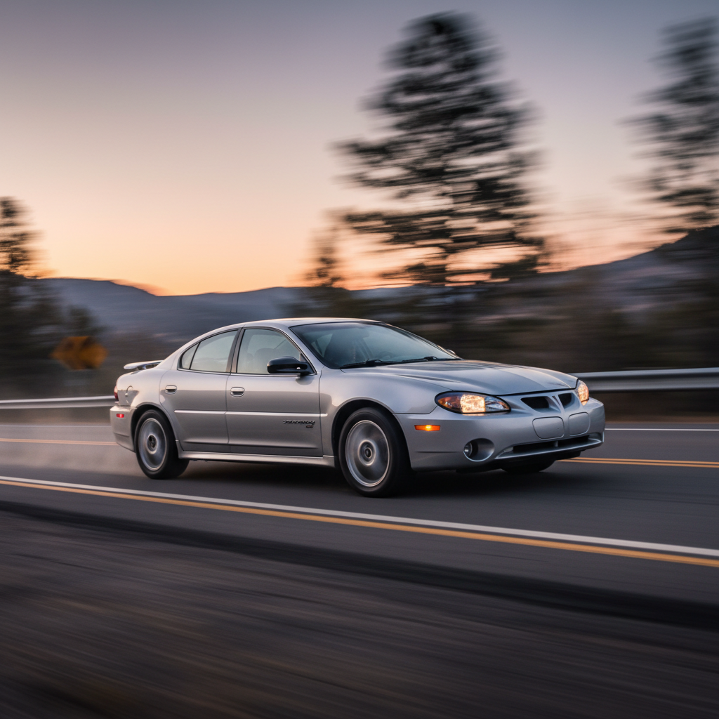 A square image of a Pontiac Grand AM (1999-2005) driving fast showing speed