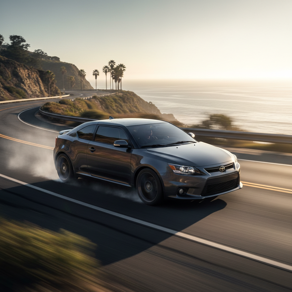 A square image of a Scion TC (2011-2016) driving fast