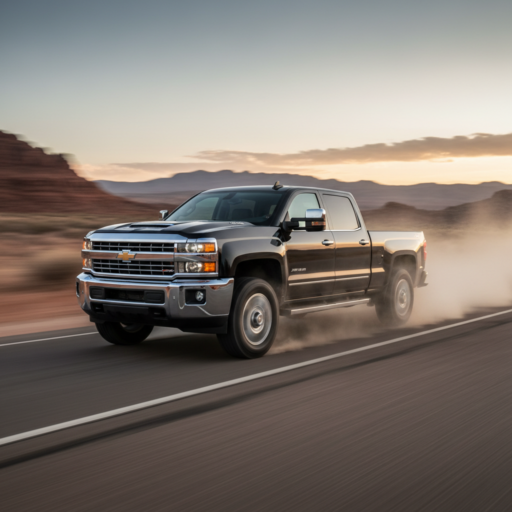 A square image of a Silverado 2500 HD 2018 driving fast showing speed