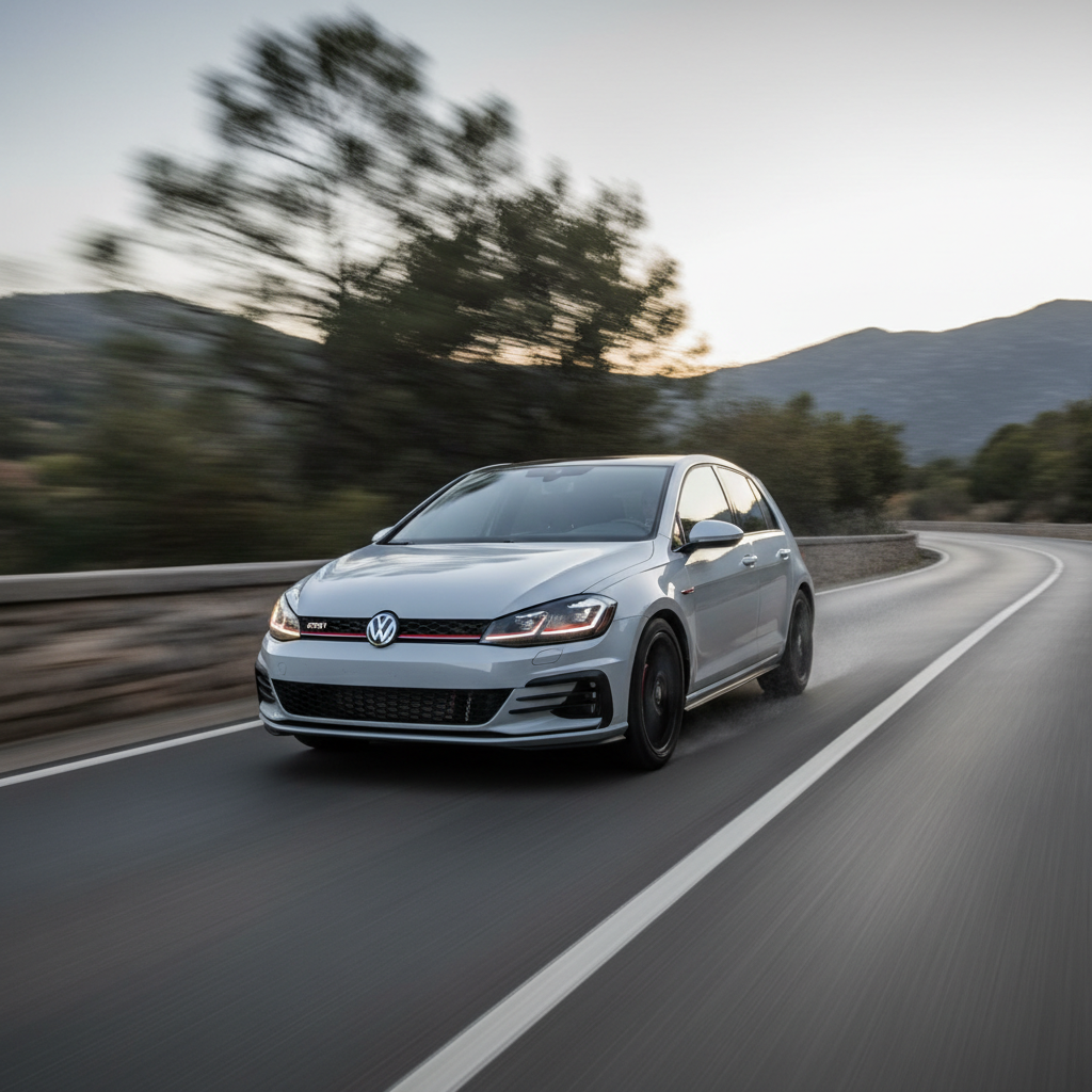 A square image of a Volkswagen Golf GTi (2015-2020) driving fast showing speed