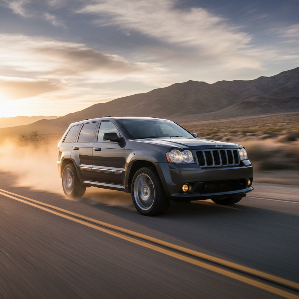 A square image of Jeep Commander/Grand Cherokee (2005-2007) driving fast showing speed