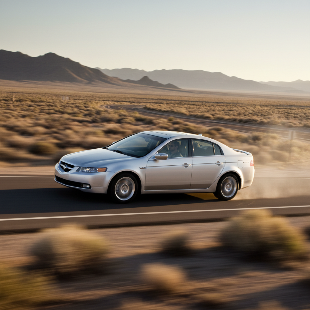 A square photo of a Acura TL 2005 driving fast showing speed and excitement