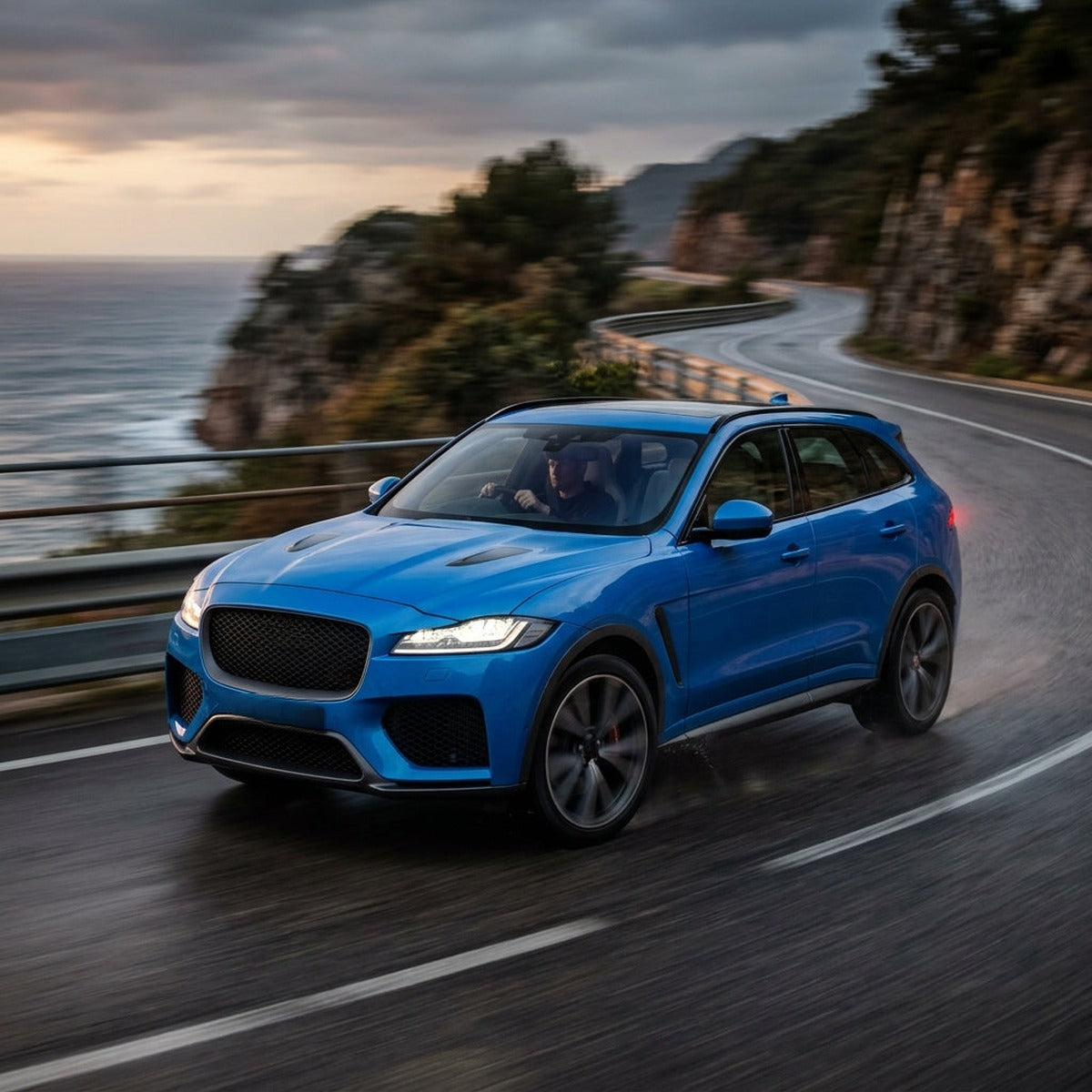 Blue Jaguar F-Pace driving fast on a coastal road