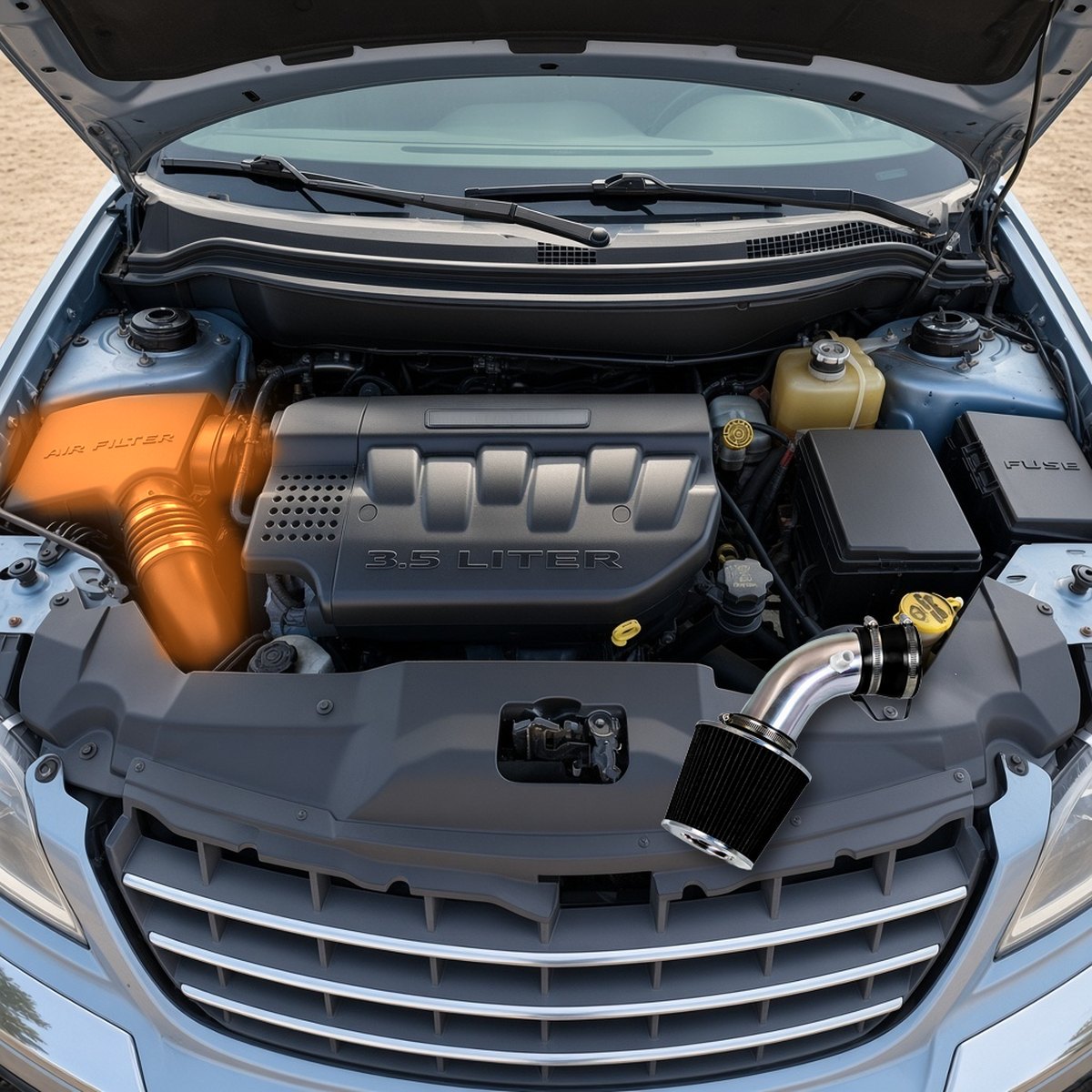 2004-2008 Chrysler Pacifica V6 engine bay with the factory airbox highlighted and the short ram intake that replaces it