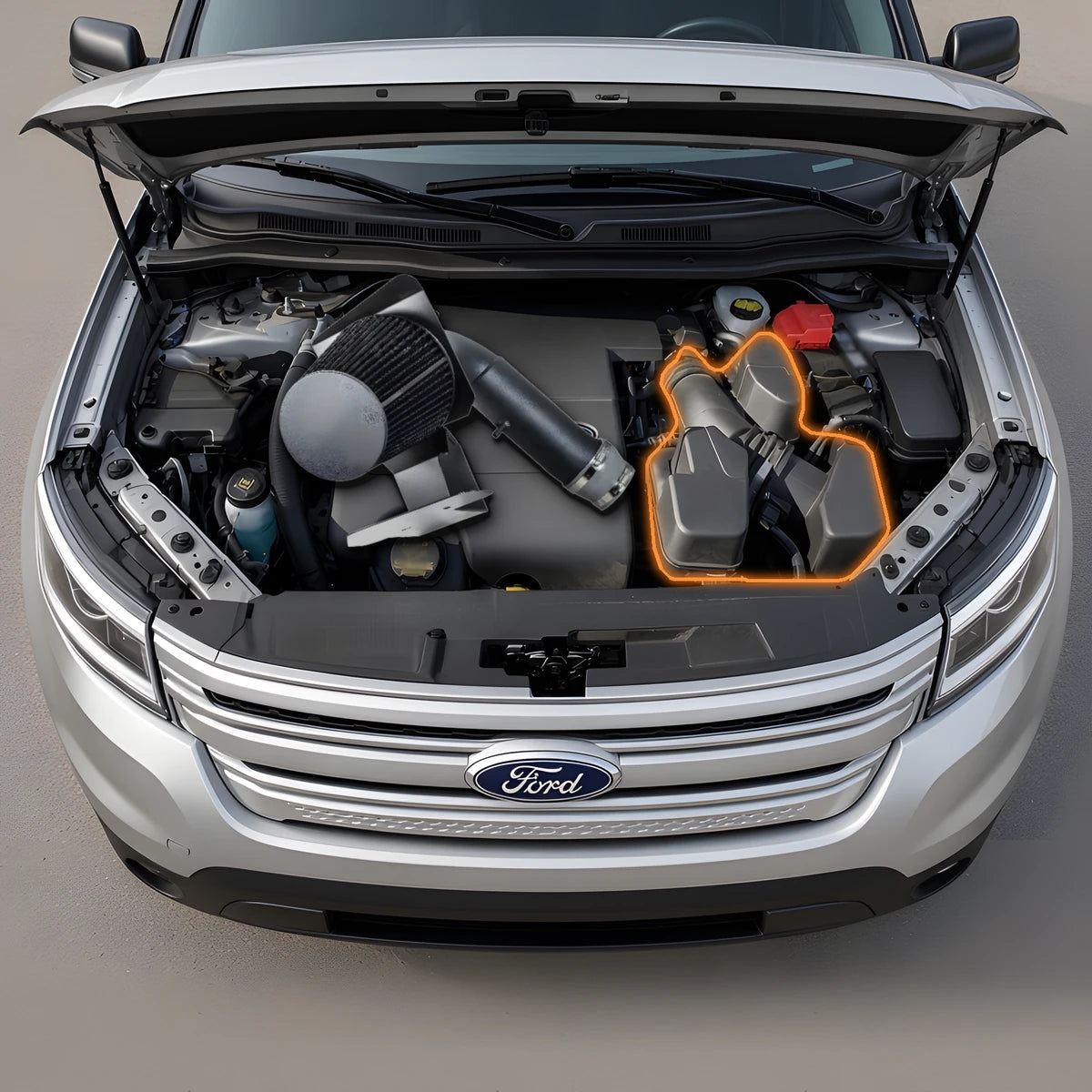 Cold air intake kit resting on top of a 2011-2018 Ford Explorer 3.5L V6 engine, with the stock airbox and intake tube outlined in orange