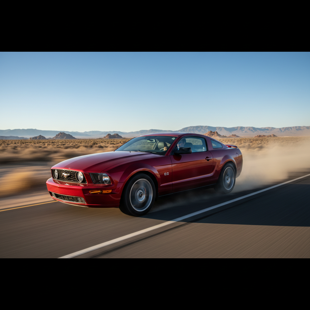 Create a square image of a 2009 Mustang 4.0L V6 driving fast on the open road with excitement