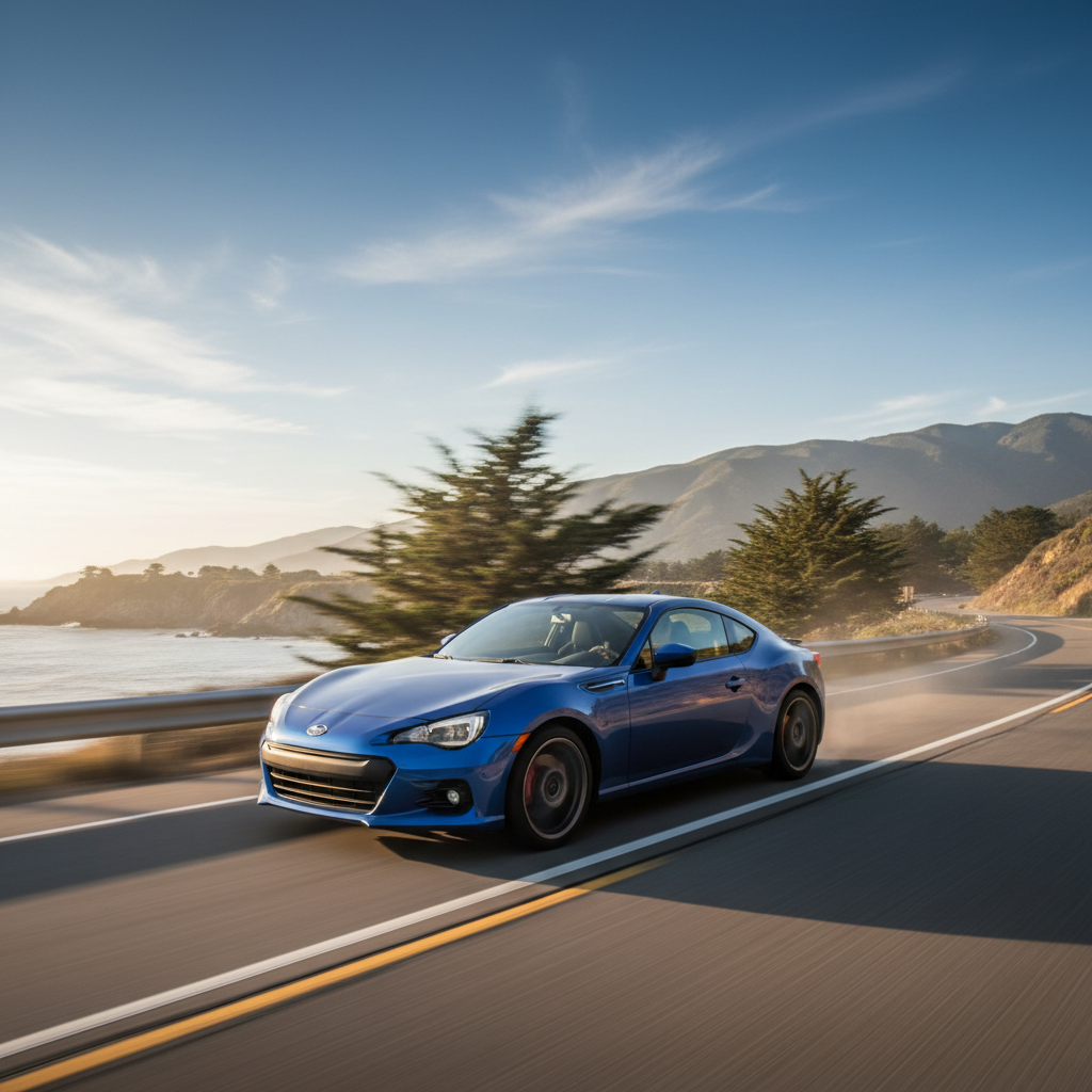 create a square image of a 2020 Subaru BRZ driving fast on open road with excitement