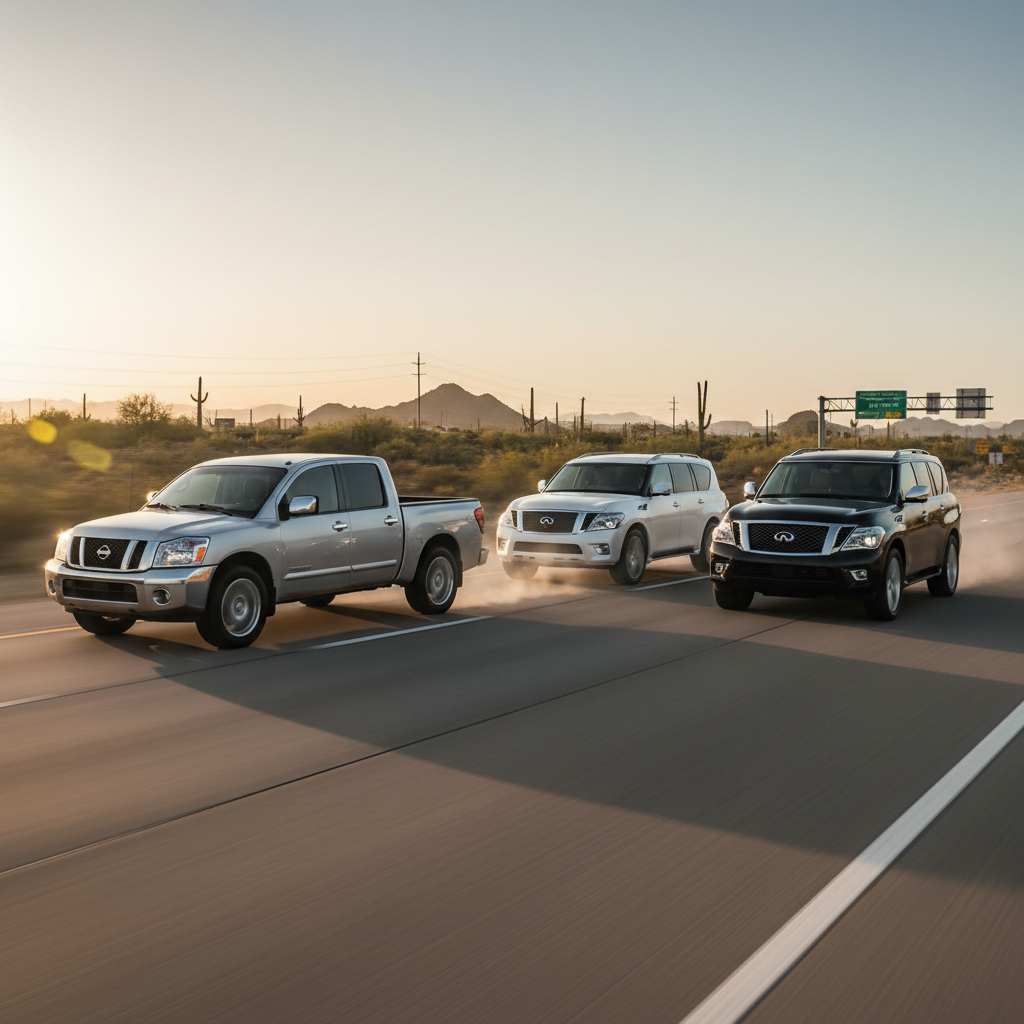 create a square image of a Nissan Titan a Armada and an Infiniti QX56 5.6L V8 2015 models on the open highway 3 lane, side by side, showing excitement and speed