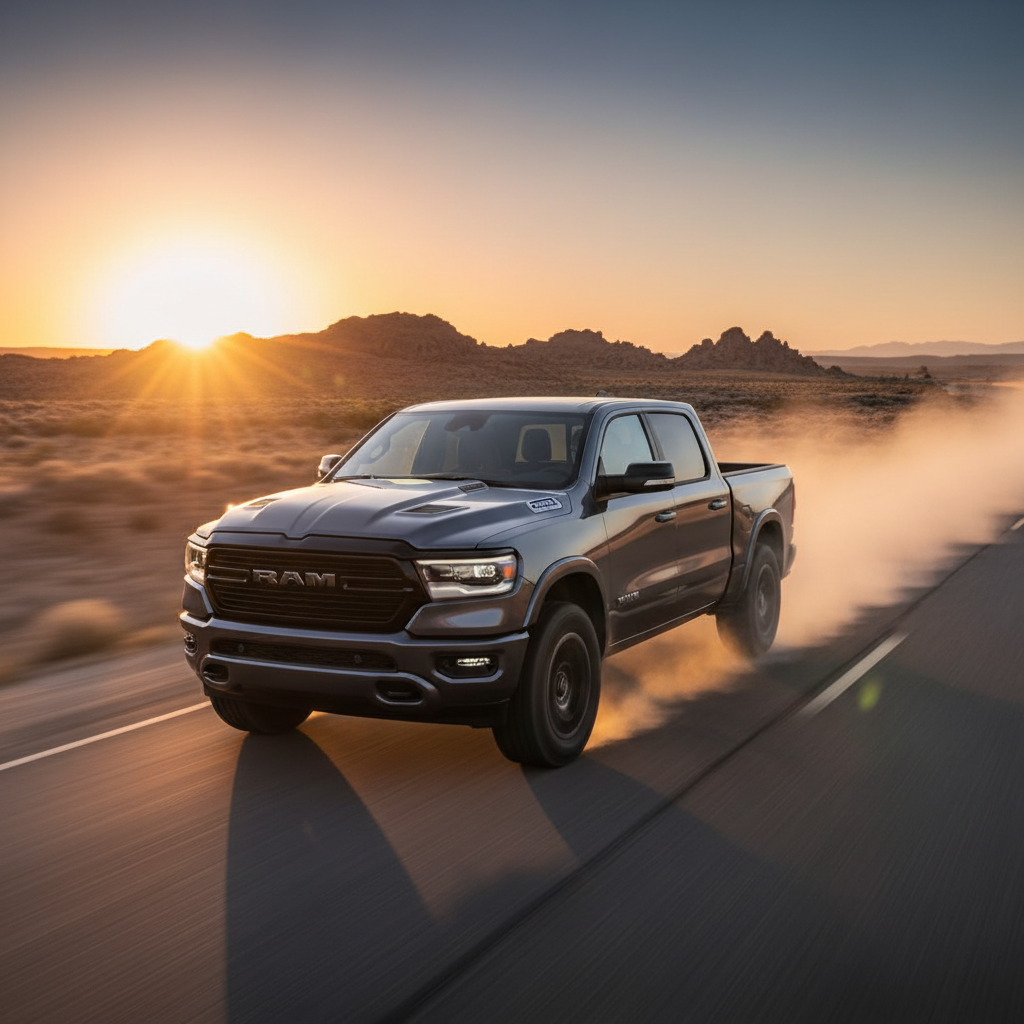 Create a square image of an Ram pickup 1500 2024 5.7L v8 on the open road with excitement and driving fast with optimized engine performance
