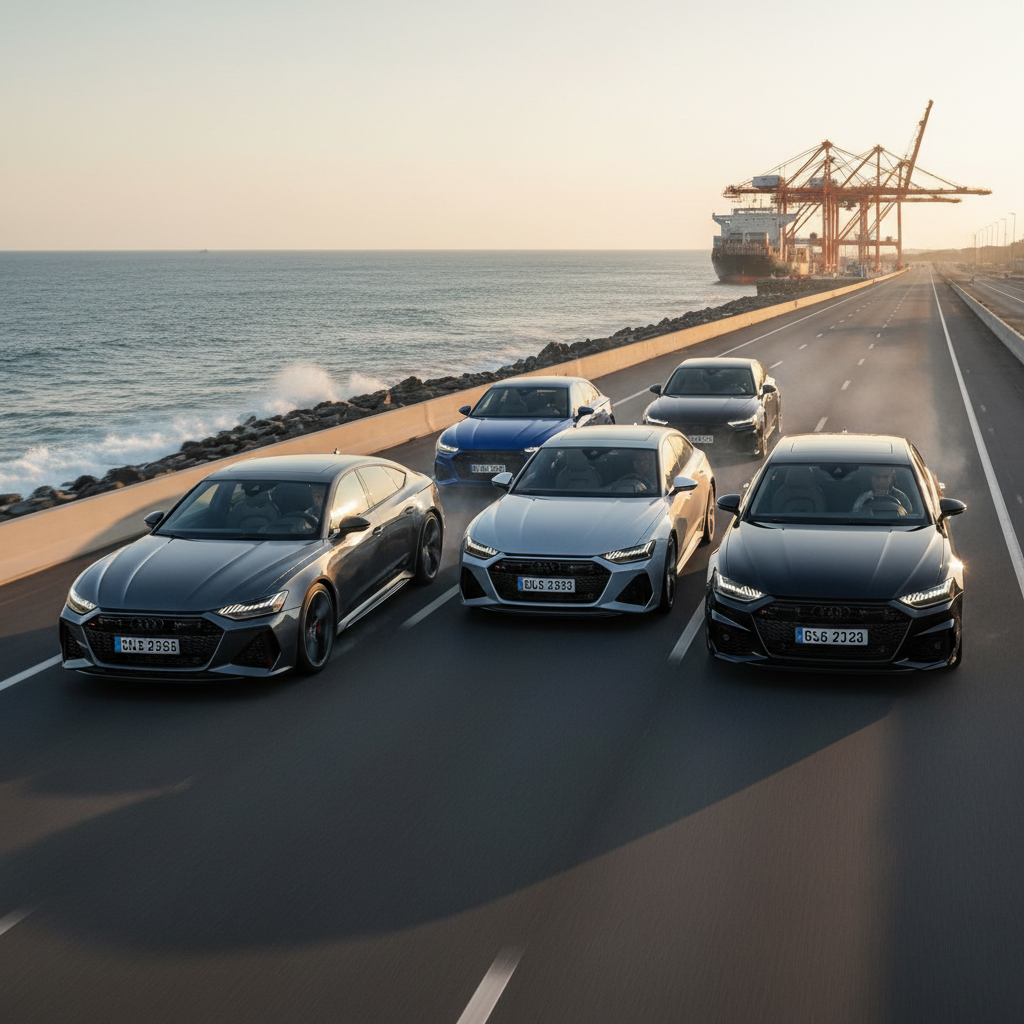 create a square image of Audi RS7 RS6 S8 A8 C8 2022 4.0 Turbo all side by side, driving through the seaport open road, showing excitement