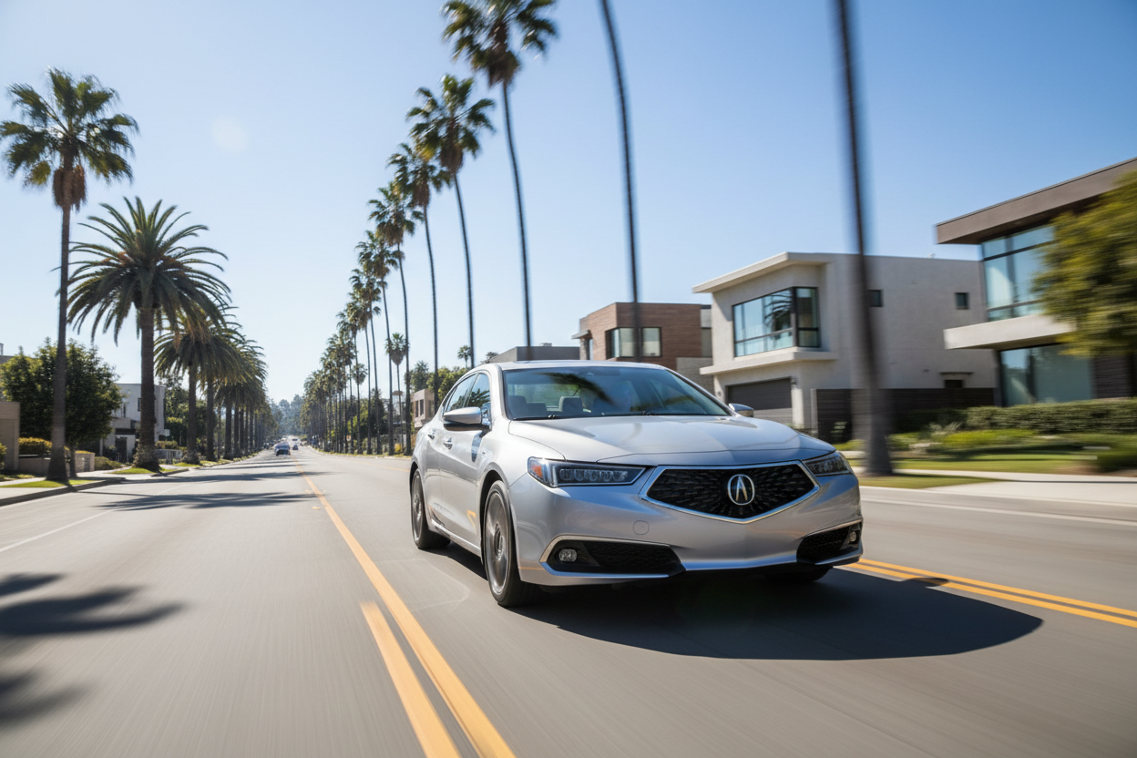create an image of an Acura TLX 2018 2.4L driving fast on the open road of a Los Angeles neighbhorhood, showing excitement
