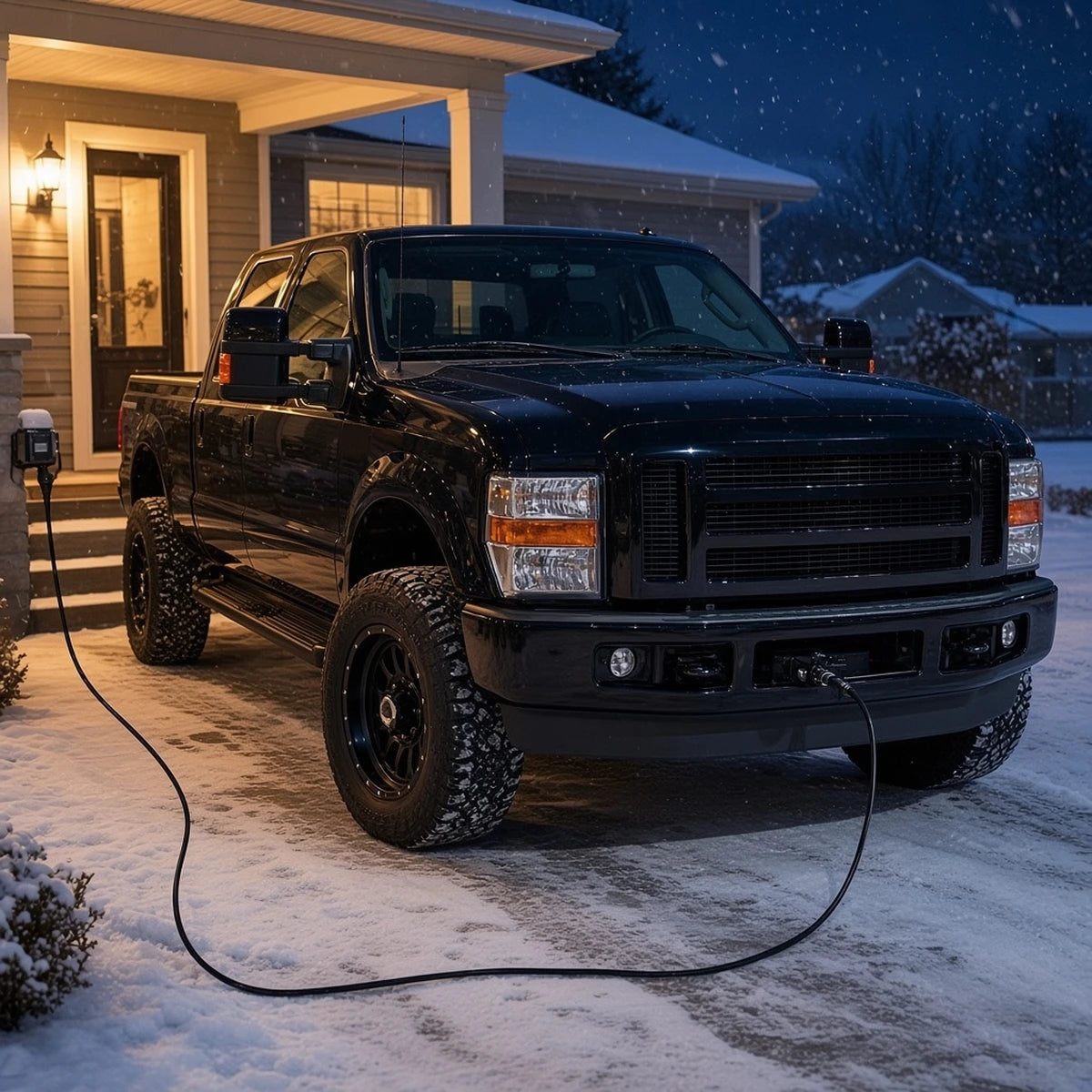 Black 2008-2010 Ford F-250 Super Duty parked in a snowy driveway at night with the block heater cord plugged into an outdoor outlet