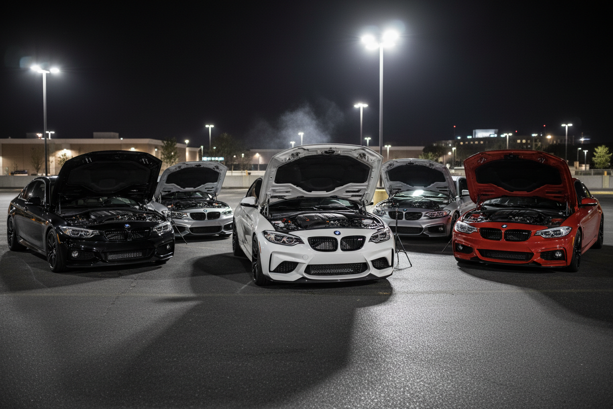 Generate an image of all these cars on a parking lot at night, some with their hoods opened: 2015 BMW 335i Sedan (3.0L N55 Turbo Engine)
2015 BMW 335i xDrive Sedan (3.0L N55 Turbo Engine)
2016 BMW 435i Coupe (3.0L N55 Turbo Engine)
2016 BMW 435i xDrive Coupe (3.0L N55 Turbo Engine)
2016 BMW M235i Coupe (3.0L N55 Turbo Engine)
2018 BMW M2 Coupe (3.0L N55 Turbo Engine)
