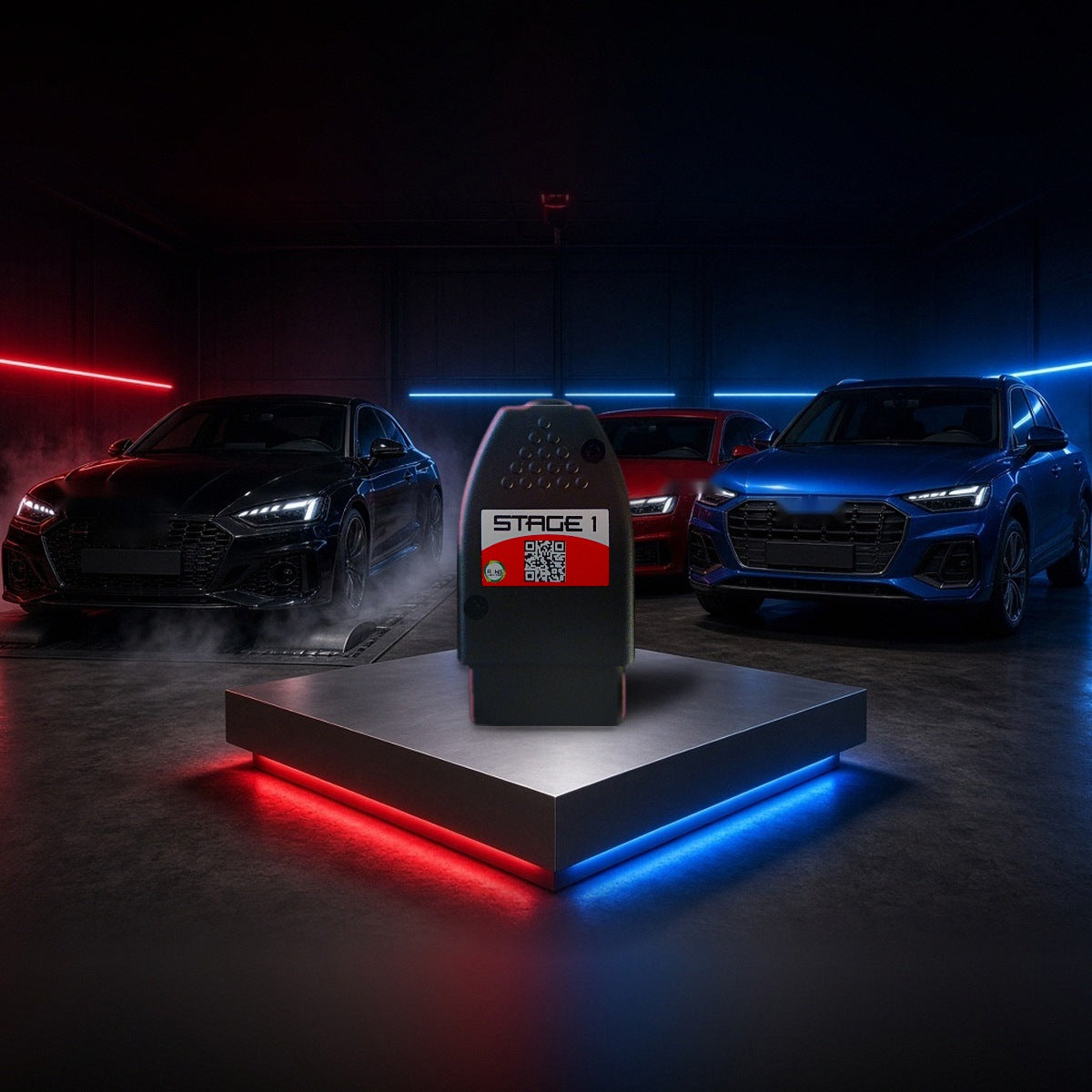 Stage 1 performance chip on a pedestal with an Audi RS5, A4 and Q5 in a dyno shop