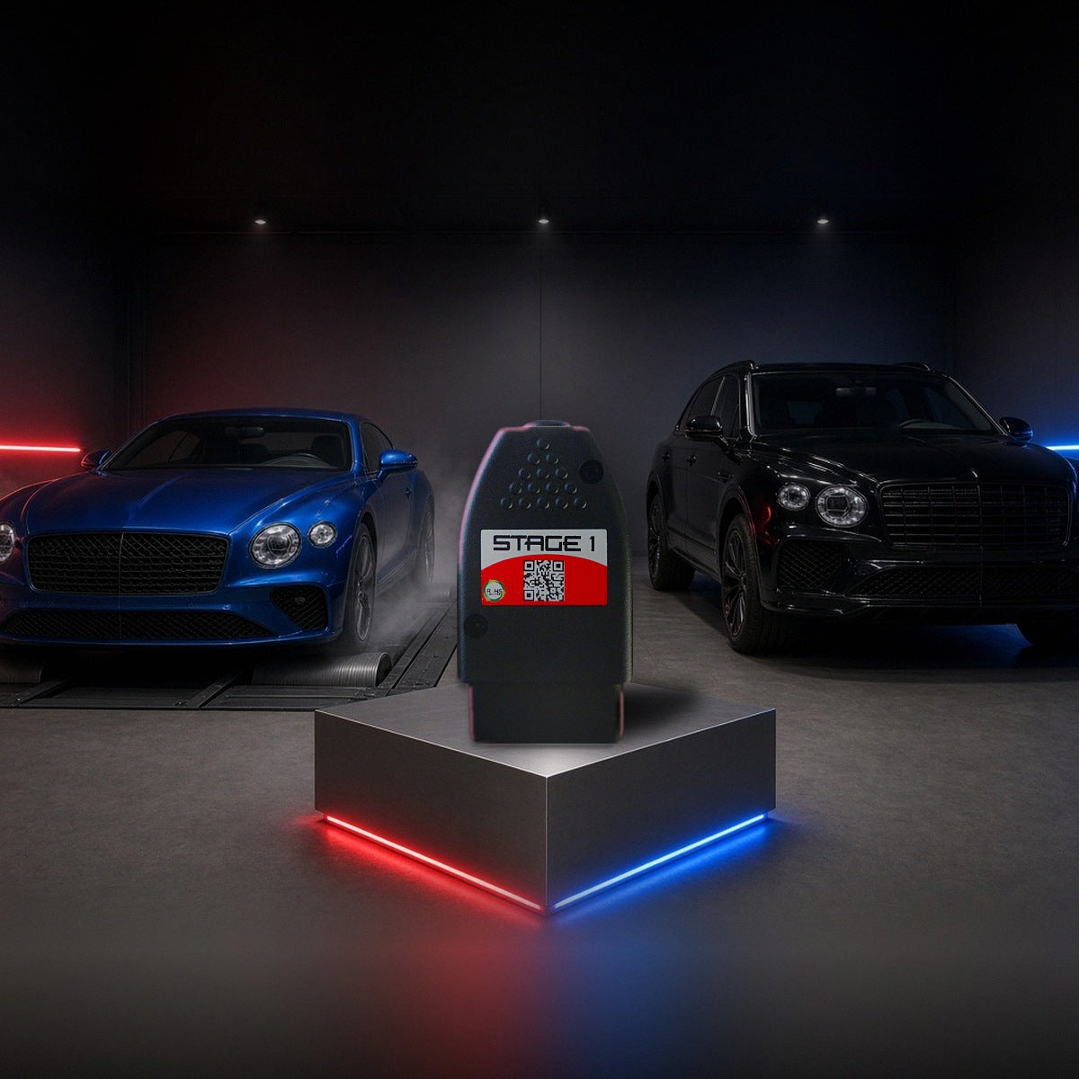 Stage 1 performance chip on a pedestal with a Bentley Continental GT and Bentayga in a dyno shop