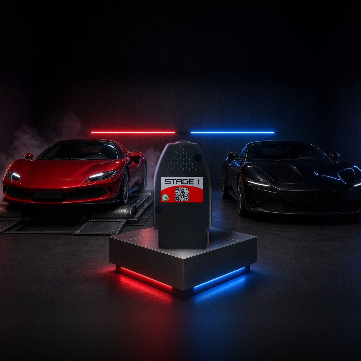 Stage 1 performance chip on a pedestal with a Ferrari 296 GTB and Roma in a dyno shop