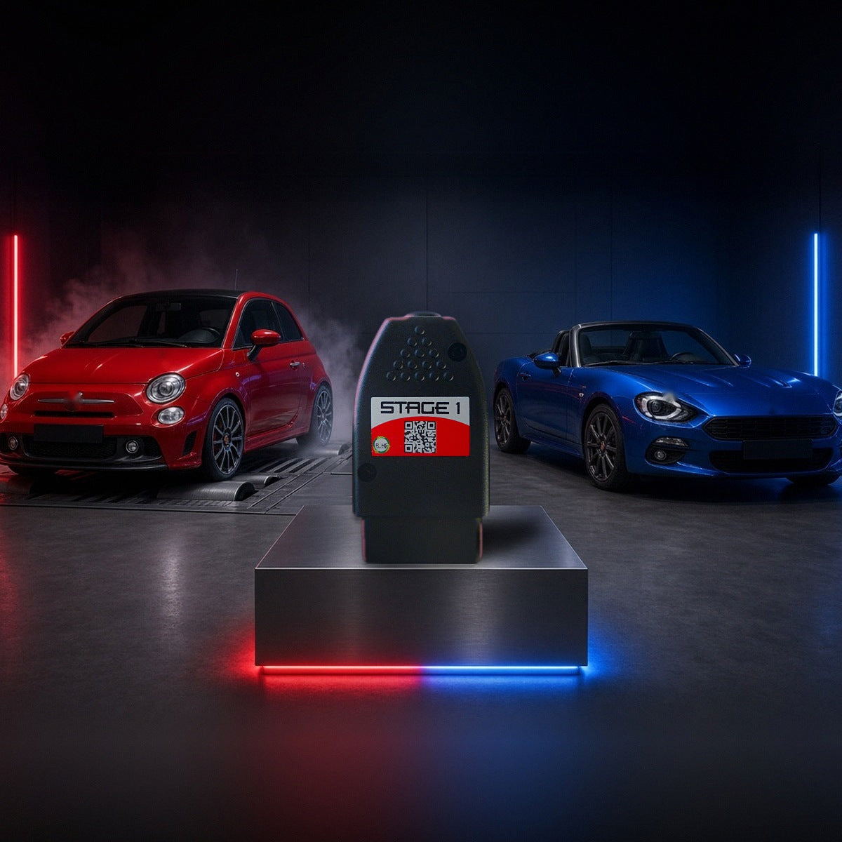 Stage 1 performance chip on a pedestal with a Fiat 500 Abarth and 124 Spider in a dyno shop