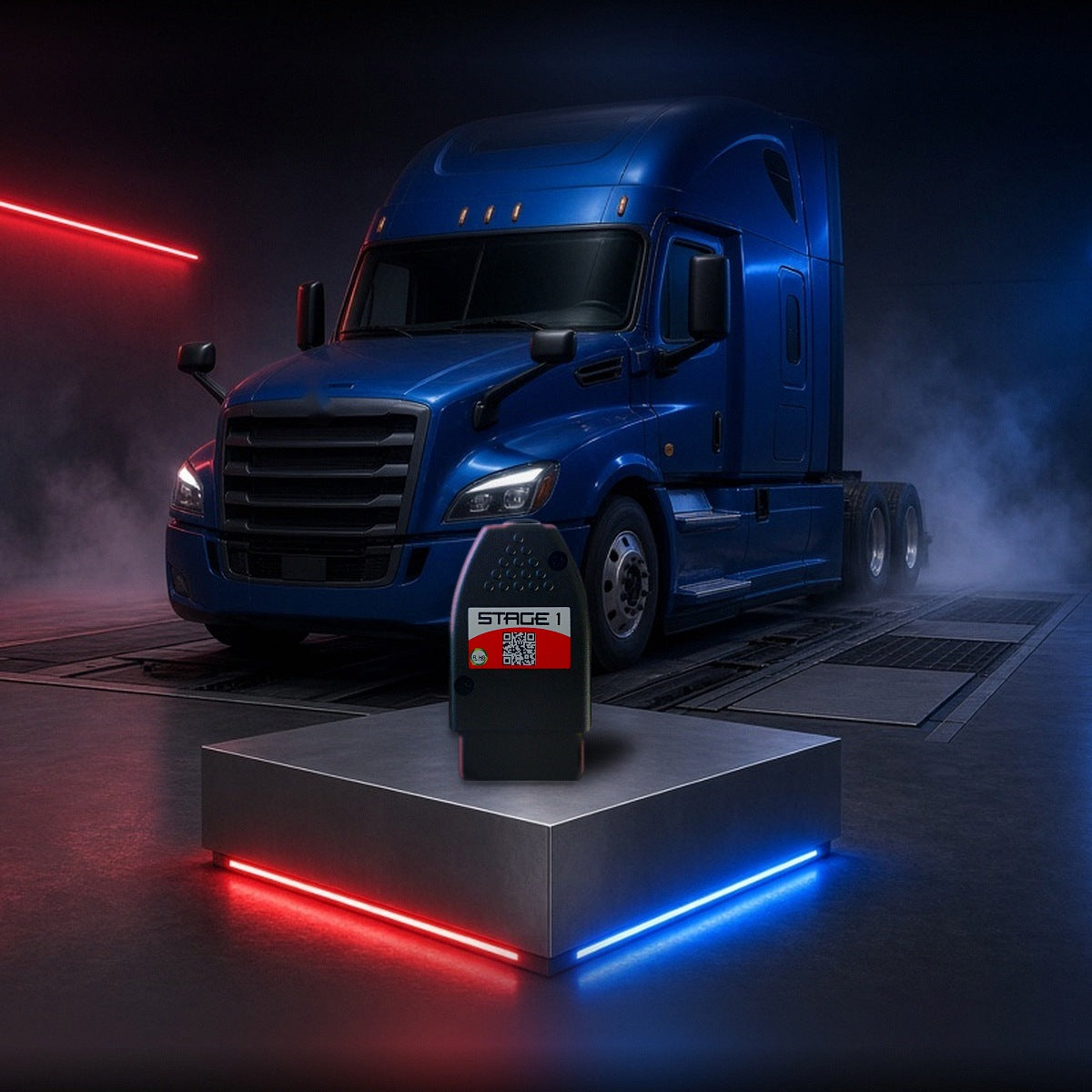Stage 1 performance chip on a pedestal with a Freightliner Cascadia semi truck in a dyno shop