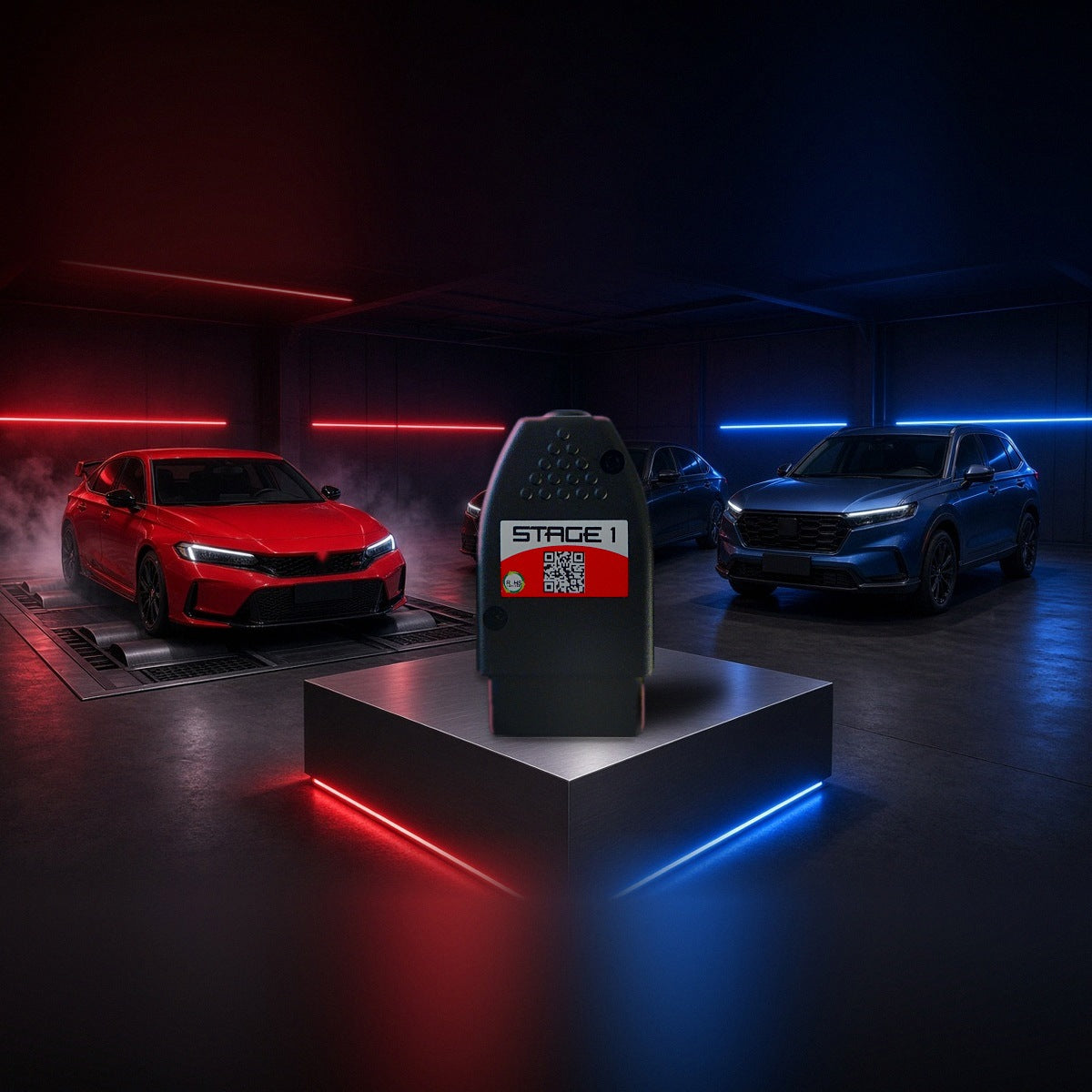 Stage 1 performance chip on a pedestal with a Honda Civic Type R, Accord and CR-V in a dyno shop