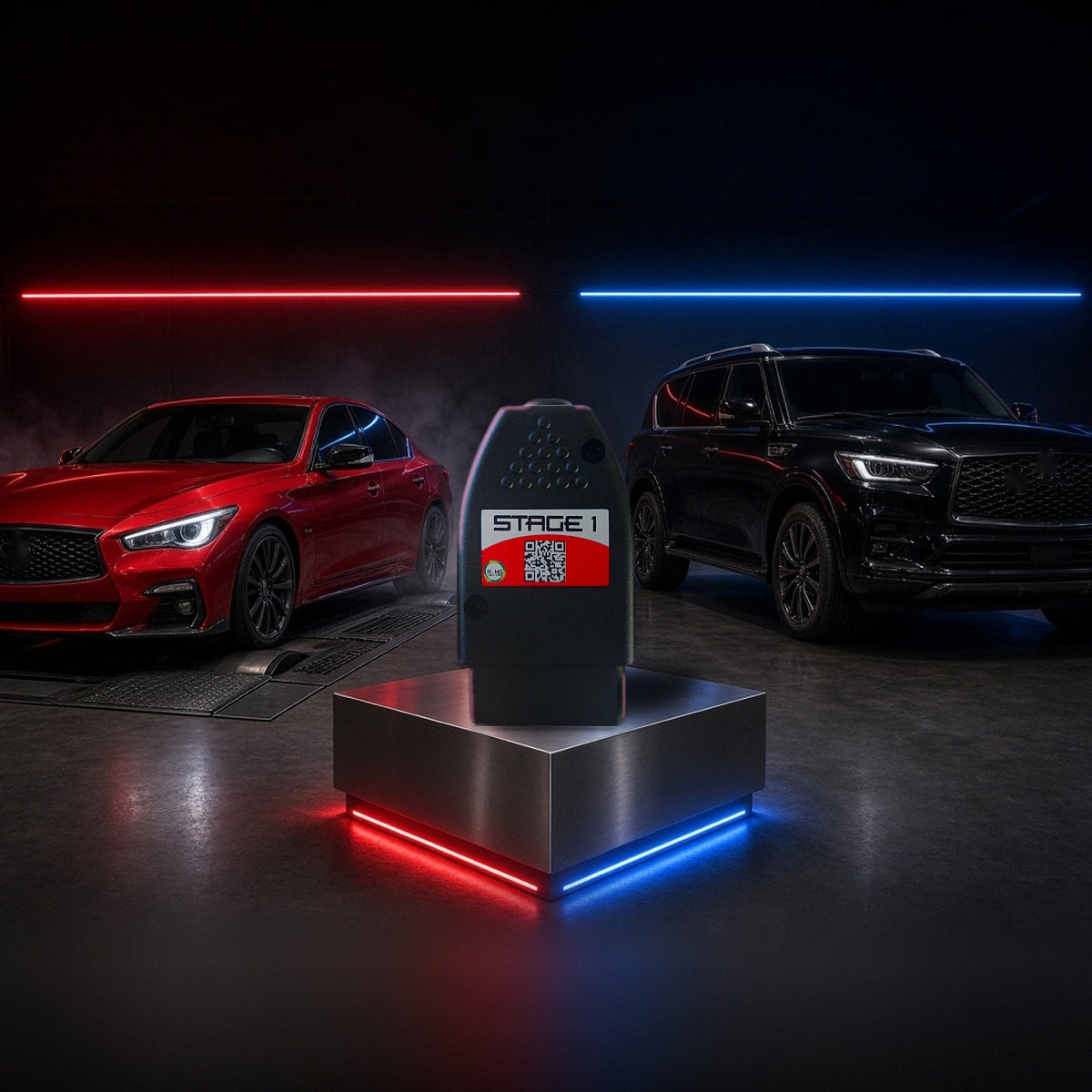 Stage 1 performance chip on a pedestal with an Infiniti Q50 and QX80 in a dyno shop