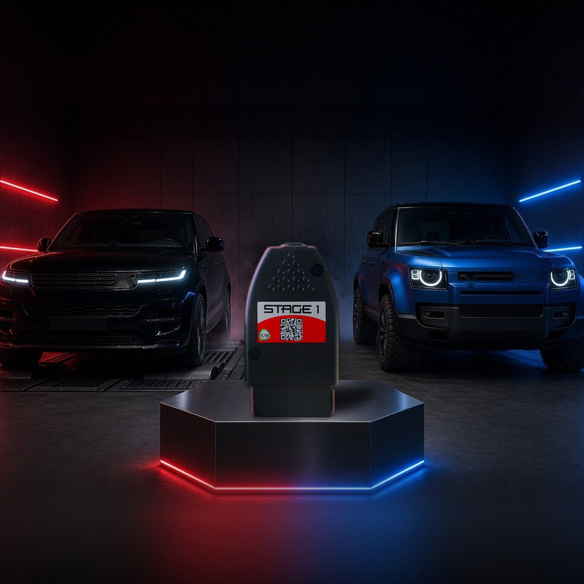 Stage 1 performance chip on a pedestal with a Range Rover Sport and Land Rover Defender in a dyno shop
