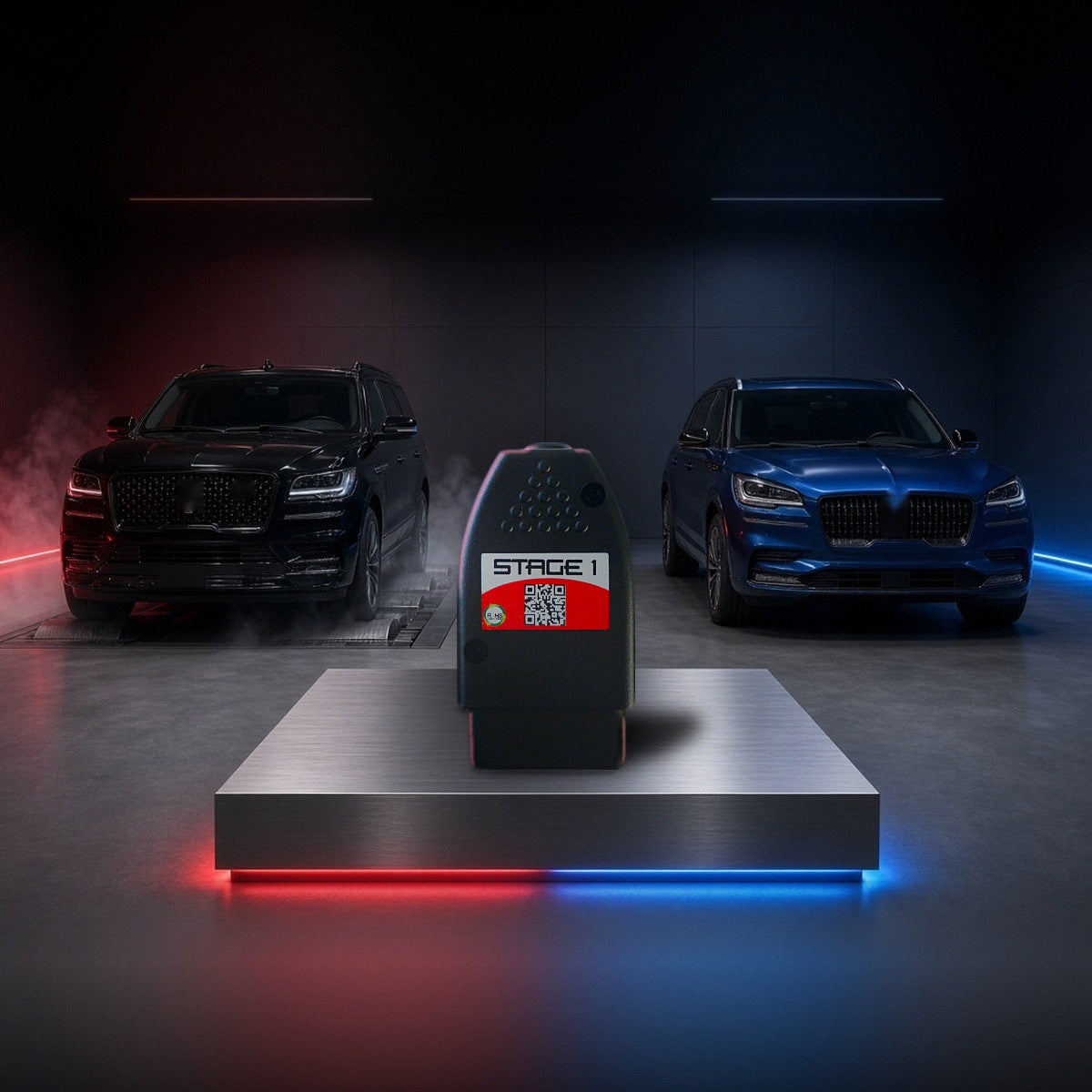 Stage 1 performance chip on a pedestal with a Lincoln Navigator and Aviator in a dyno shop
