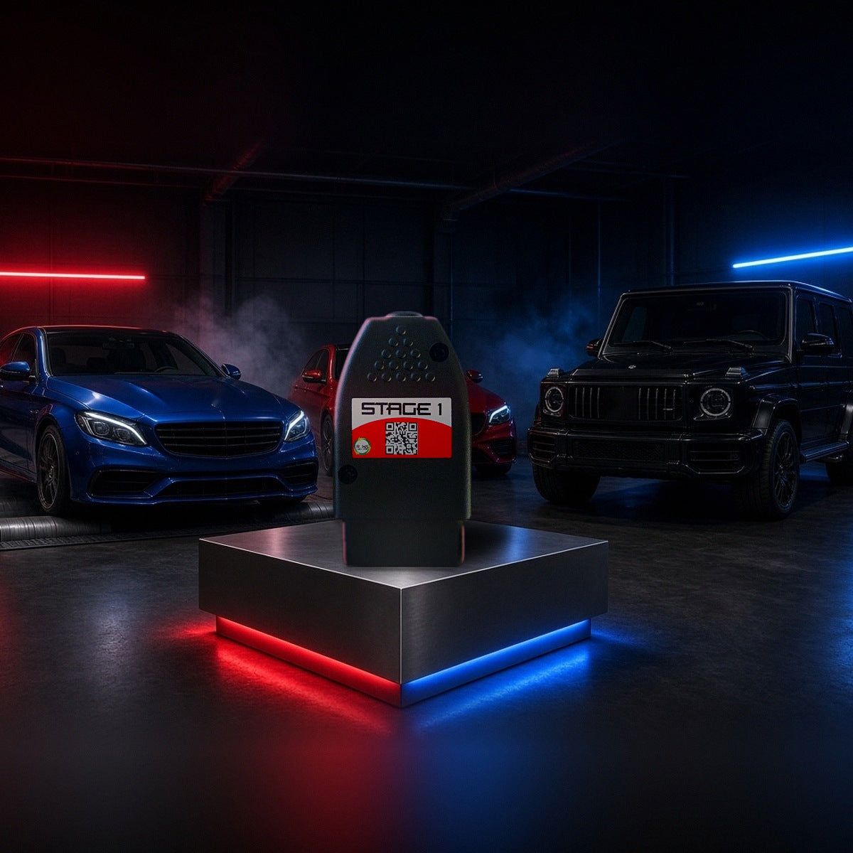 Stage 1 performance chip on a pedestal with a Mercedes-AMG C63, E-Class and G-Class in a dyno shop