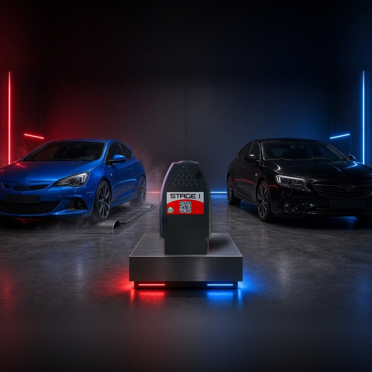 Stage 1 performance chip on a pedestal with an Opel Astra OPC and Insignia in a dyno shop