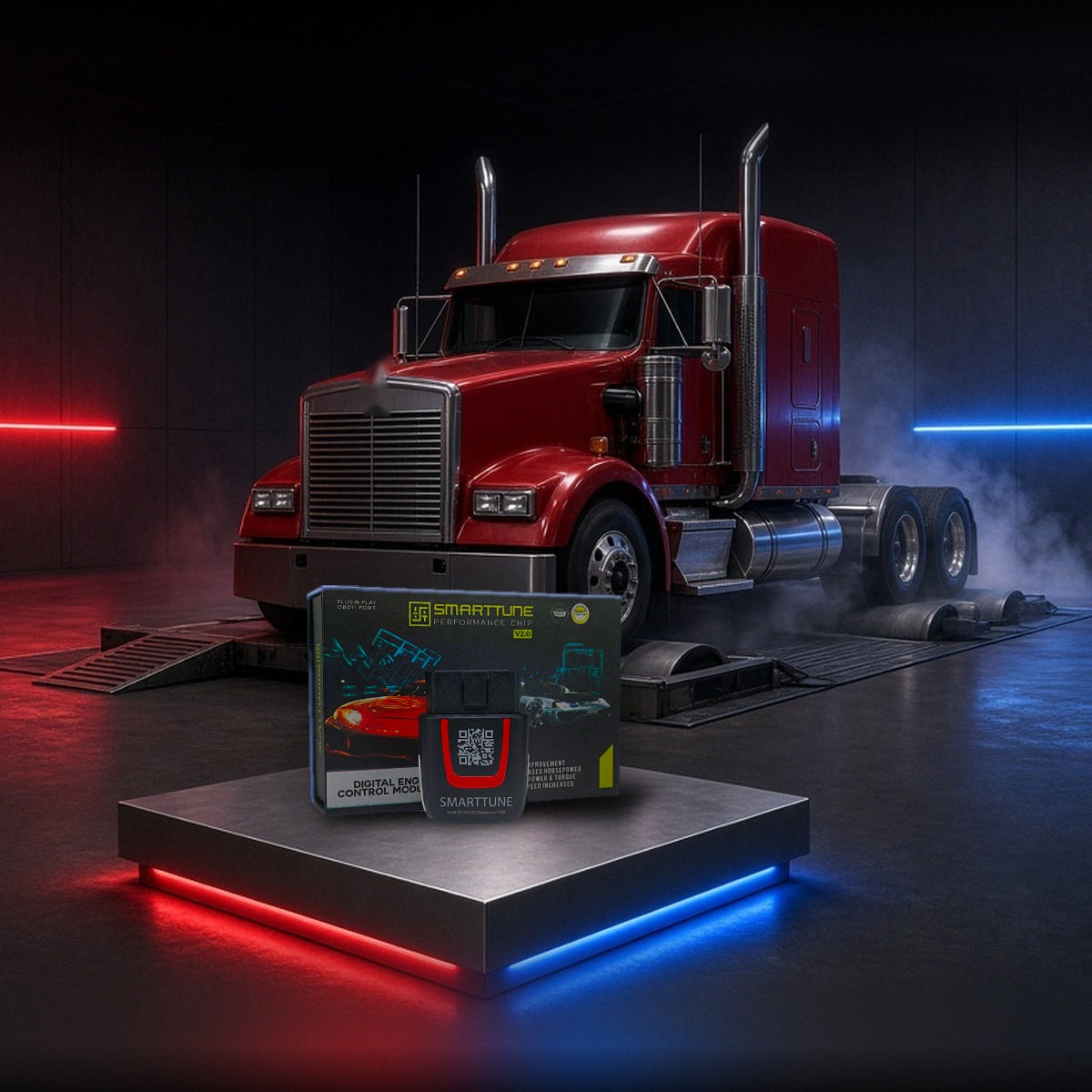 Stage 2 SmartTune performance chip on a pedestal with a Kenworth W900 semi truck in a dyno shop