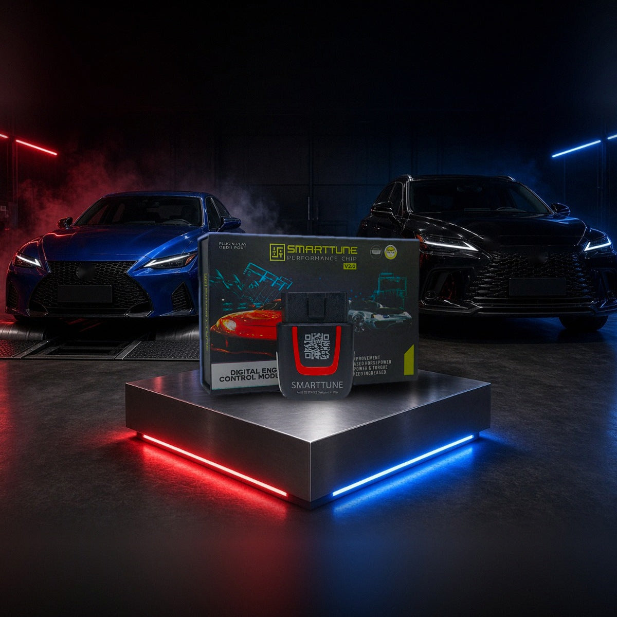 Stage 2 SmartTune performance chip on a pedestal with a Lexus IS 500 and RX in a dyno shop